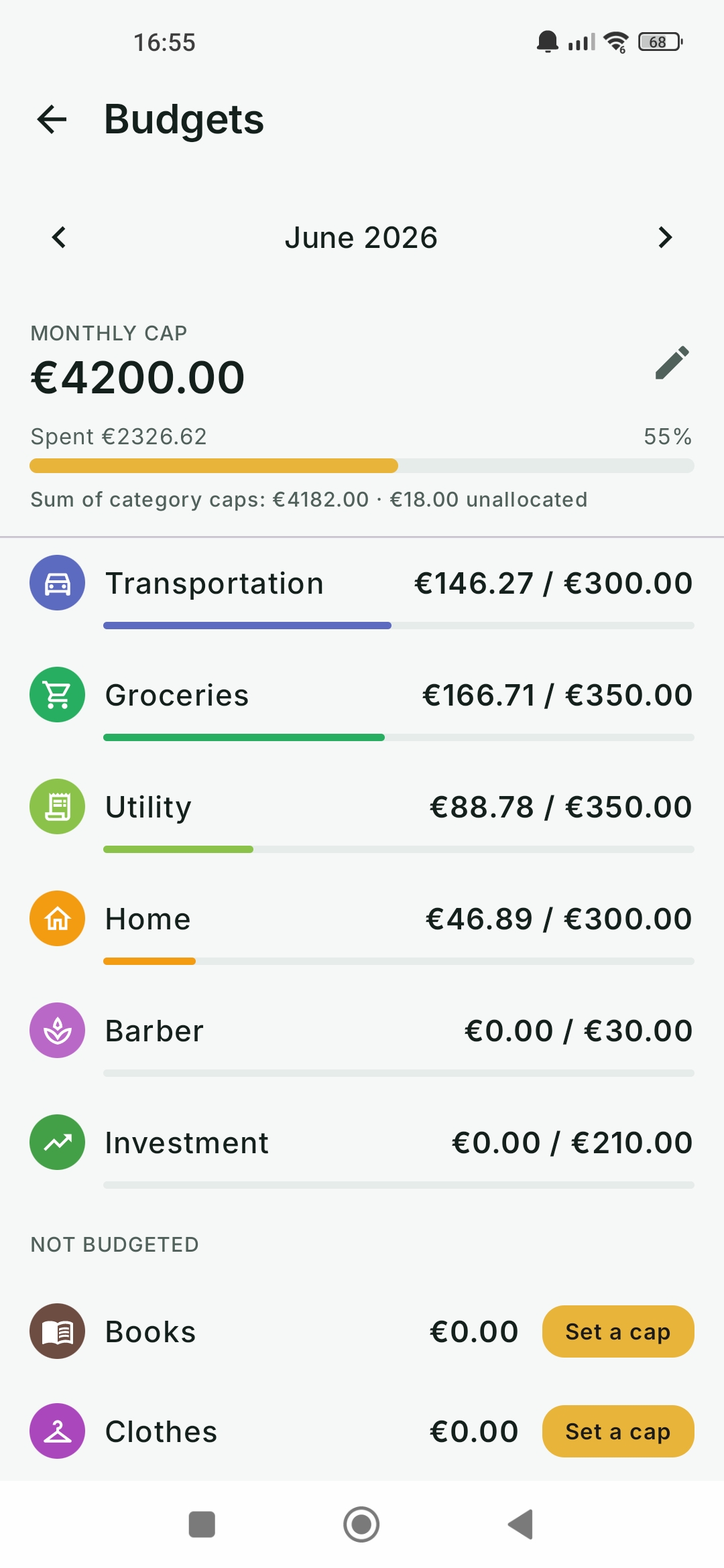Budgets screen with a monthly cap of €4,200 (55% spent) and per-category caps for Transportation, Groceries, Utility and more.