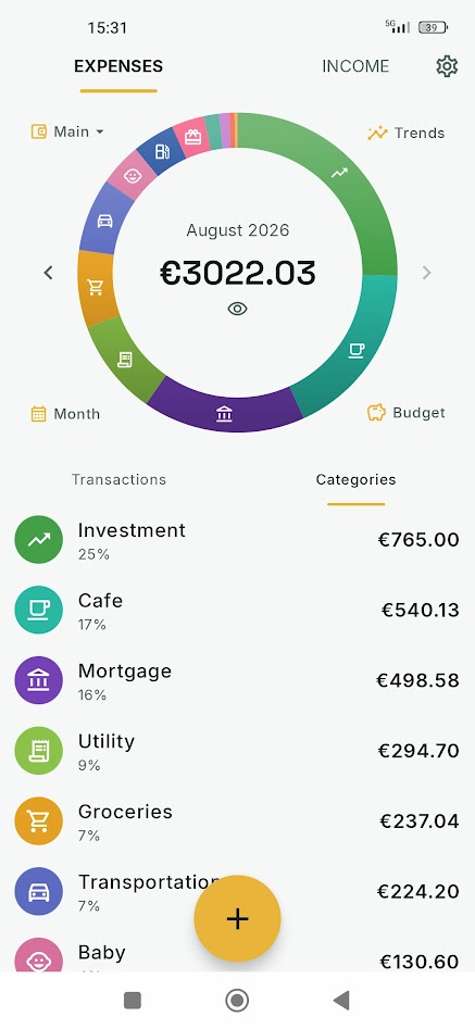 Home screen in light theme: a donut chart of August spending totalling €3,022.03 with category icons, above the category breakdown.