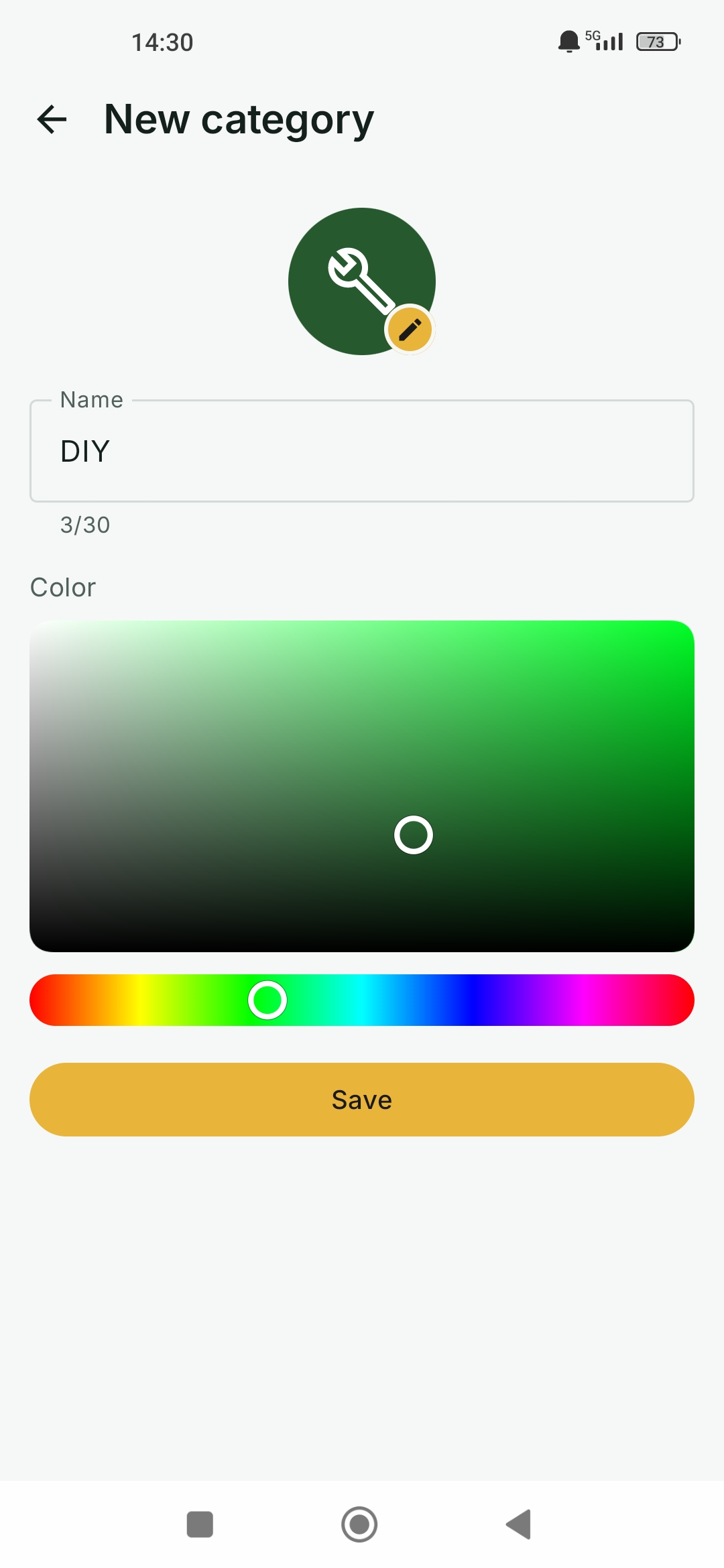 New category screen with a name field, a colour picker, and an icon.