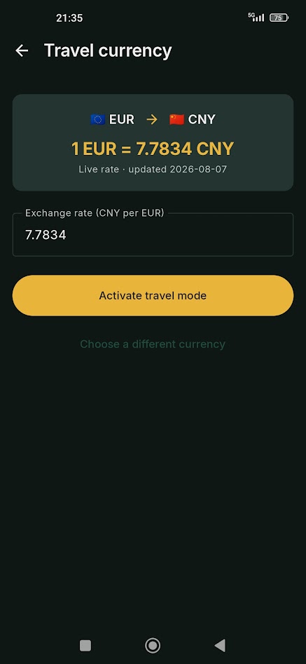 Travel currency screen converting EUR to CHF at a saved live rate, with one tap to activate travel mode.